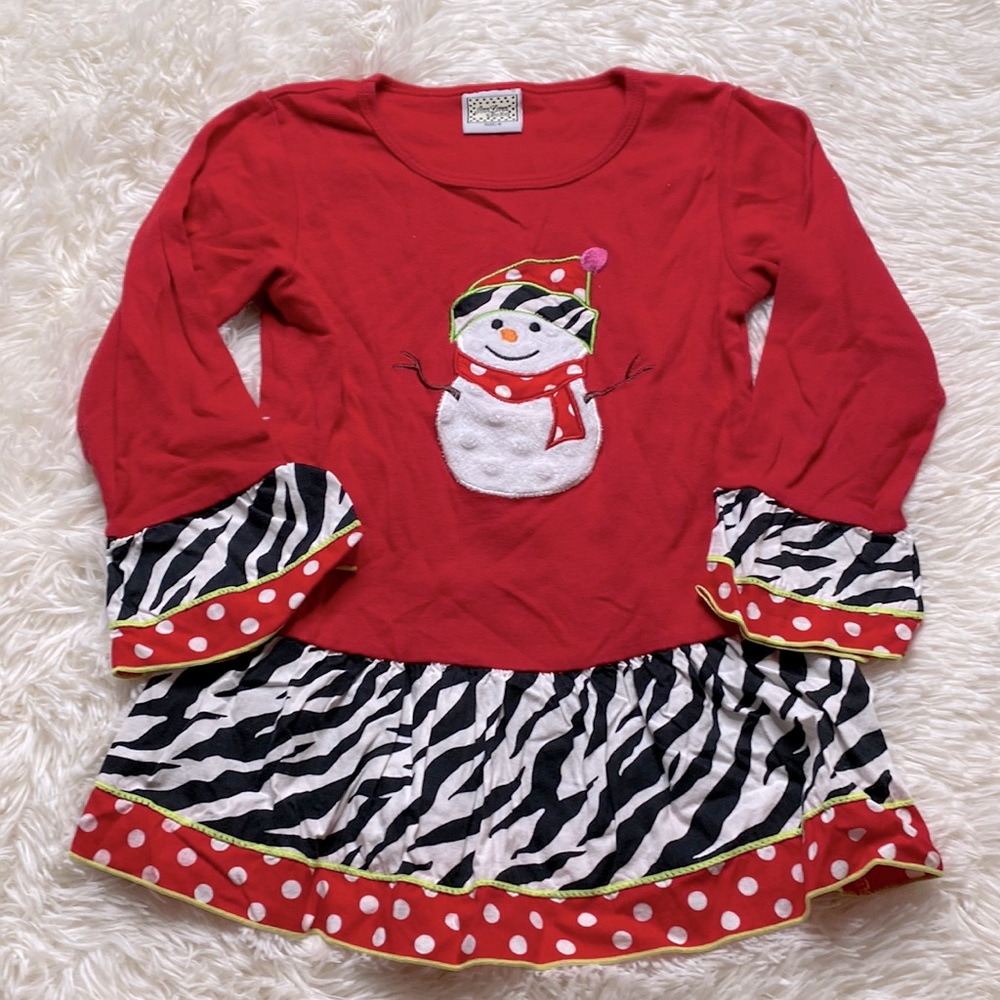 Ann Loren by Jess Red White Snowman Christmas Long Sleeve Ruffle Top Size 6